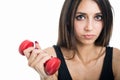 Close-up of fit girl holding red dumbbell Royalty Free Stock Photo