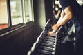 Close up of fit young hand caucasian big muscle in sportswear.