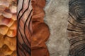 Close-up of five different wood, leather, and concrete panels with various patterns and textures, Experimenting with different Royalty Free Stock Photo