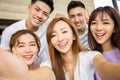 Close up of five excited friend taking selfie photo