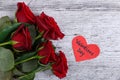 Close-up of five red roses on a gray background, with a paper heart, St. Valentine`s Day. Royalty Free Stock Photo