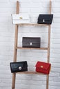 Five women s leather bags on the white wall background