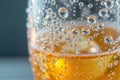 Close-up of fizzy orange soda in glass with bubbles and lemon slice Royalty Free Stock Photo