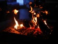 Close up flame, warm beautiful fireplace orange color in the room, winter time, freeze outside,