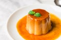 Close up of a flan creme caramel pudding with mint, a custard dessert. Royalty Free Stock Photo