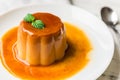 Close up of a flan creme caramel pudding with mint, a custard dessert. Royalty Free Stock Photo