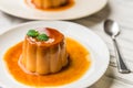 Close up of a flan creme caramel pudding with mint, a custard dessert. Royalty Free Stock Photo