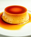 Close up of flan on white plate created using generative ai technology Royalty Free Stock Photo