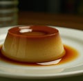 Close up of flan on white plate created using generative ai technology Royalty Free Stock Photo