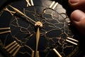 A close-up of flat black color clock on a man\'s hand breaking into pieces.