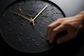 A close-up of flat black color clock on a man\'s hand breaking into pieces.