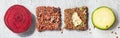 Close up flat lay top view panorama crunchy flax seed crispbread with dry and raw vegetables on white background