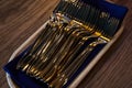 Close up of flatware forks on wooden table