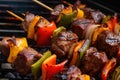 Close-up of a flavorful and spicy Churrasco marinade being brushed onto a skewer of beef and vegetables