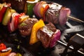 Close-up of a flavorful and spicy Churrasco marinade being brushed onto a skewer of beef and vegetables