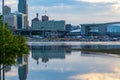 Close up of Omaha downtown buildings reflections in 2019 Missouri River flooding of Tom Hanafan River`s Edge Park