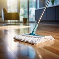Close up of Floor cleaning with mob with cleanser foam at home. Cleaning tools on parquet floor Royalty Free Stock Photo