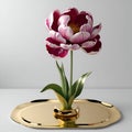 a close up of a flower in a vase on a tray