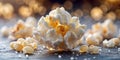Close-up of fluffy popcorn kernels with caramel pieces and sprinkled salt on a dark surface. Generative AI Royalty Free Stock Photo