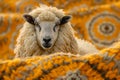 Close up of a Fluffy White Sheep in Golden Field with Decorative Hay Bales, Rural Countryside Scene Royalty Free Stock Photo