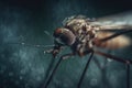 a close up of a fly with drops of water on its wings