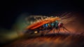 a close up of a fly insect on a wooden surface with drops of water on it\'s wings and wings, with a black background