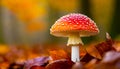close up of a fly mushroom or toadstool growing on the forest floor, brown and orange autumn Royalty Free Stock Photo