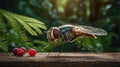 A Hoverfly Insect Resting Near Berries in a Lush Green Environment Royalty Free Stock Photo