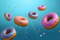 Close up of flying doughnuts with multicolored glaze. Creative food trend. Levitating food. Donuts illustration with copy space on