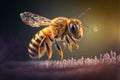 Close up of a Flying Honey Bee Illustration, Macro of a Bee Insect, Generative AI Royalty Free Stock Photo