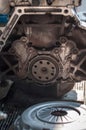 Close up flywheel engine maintenance clutch transmission aluminium block
