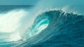 CLOSE UP: Foaming ocean water splashes high in the sky near big barrel wave. Royalty Free Stock Photo