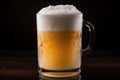 close up of foamy beer in a clear glass mug