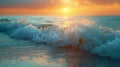 Close up of foamy wave on the background of sunset Royalty Free Stock Photo