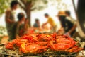 Close-up focus of grill crab on flaming Charcoal fire grill.