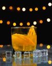 close up focus at orange juice with slice fresh orange in glass Royalty Free Stock Photo