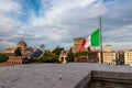 A close up view of a seagull bird with scenic view from Victor Emmanuel II monument at Piazza Venezia, Europe. National banner Royalty Free Stock Photo