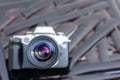 Close-up focus top view glass lens of an old black DSLR camera Royalty Free Stock Photo