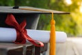 Close up focus of university graduate holds degree certificate and graduation cap celebrates in the  graduation ceremony. Royalty Free Stock Photo
