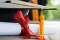 Close up focus of university graduate holds degree certificate and graduation cap celebrates in the graduation ceremony.