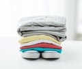 Close up of folded shirts and boots on table