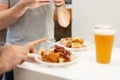 Close up of food and beer on table. Snack buffet catering concept Royalty Free Stock Photo