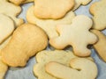 A close up food photograph of a pile of baked sugar Christmas cookies in various shapes including gingerbread man, candy canes and