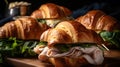 Close - up food photography of platter of delicious deli turkey croissant sandwiches. Generative AI