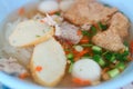 Close-up food, pork noodles, vegetable broth, delicious appetizer, Asian food