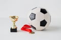 Close up of football ball, golden cup and medal Royalty Free Stock Photo