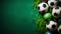 Close up of football balls on green grass background, top view. Copy space. Sport advertising concept. Generative AI Royalty Free Stock Photo