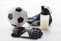 Close up of football boots, gloves and bottle Royalty Free Stock Photo