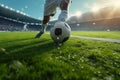 Close Up Football or Soccer Player Foot Playing With the Ball in Stadium. Generative AI Royalty Free Stock Photo