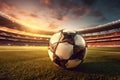 Close-up football on stadium\'s green field. Generative Ai Royalty Free Stock Photo